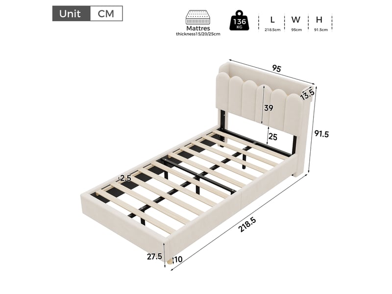  Lit enfant simple 90×200 cm avec étagères, usb, type-c et lampe de lecture - okmyhome- beige, sans matelas  - Conforama D