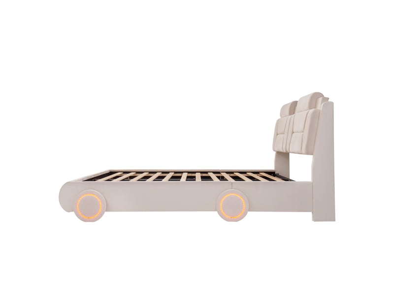  Lit voiture enfant rembourré blanc crème 140 x 200 cm, tête réglable, roues led  - Conforama E
