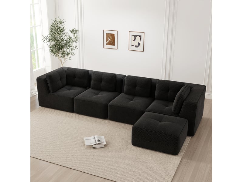 Canapé modulable en l 4 places 386x177x69 cm, coussins doux sans armature, assise profonde, tissu en velours côtelé, noir - Conforama D