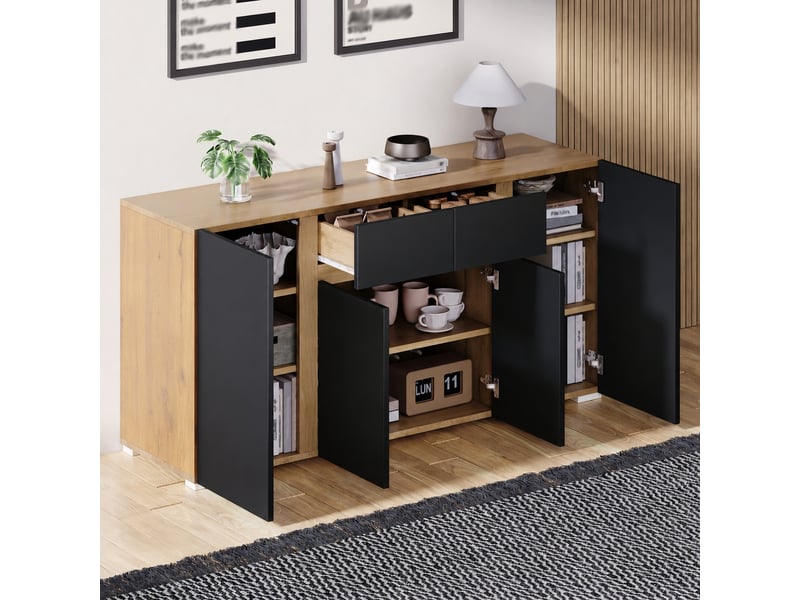  Buffet moderne noir et bois, 4 portes, 2 tiroirs, étagères réglables, 140 cm, noir et bois naturel  - Conforama C