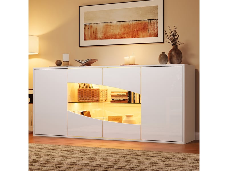  Buffet bas 160x35x70 cm blanc brillant avec led rgb et 4 portes  - Conforama B