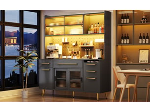 Buffet de cuisine avec led 145x39x171 cm avec tiroirs, porte coulissante, meuble de salon, meuble de cuisine, mdf, noir