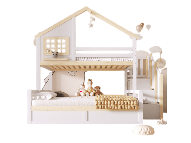  Lit superposé cabane 90x200+140x200 cm avec barrières de sécurité, escalier avec rangement, fenêtres décoratives - blanc et naturel (sans matelas)  - Conforama A