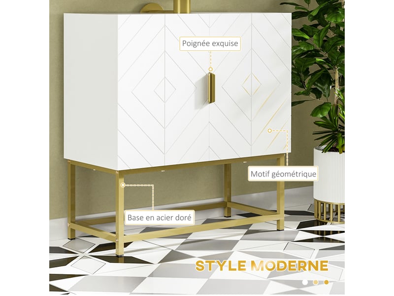  Meuble sous lavabo blanc à double porte, pieds en acier doré, 60 x 30 x 65 cm  - Conforama W