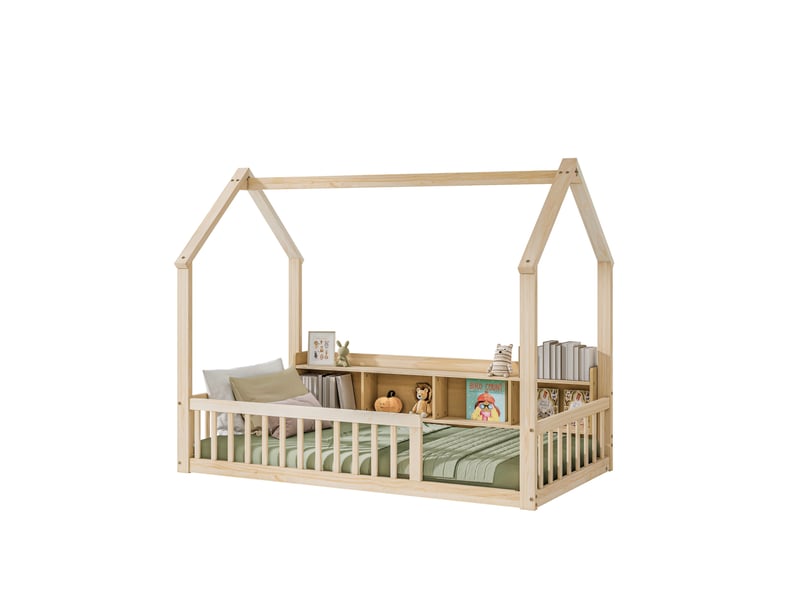 Lit cabane au sol enfant 90x200 cm coloris naturel avec barrières et rangements - Conforama A