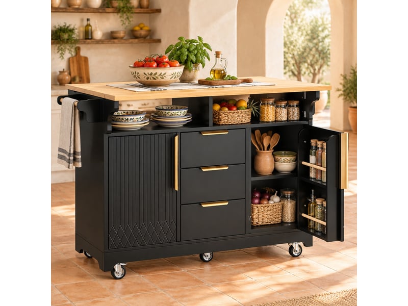 Desserte de cuisine avec 3 tiroirs, plateaux rabattables, roulettes et porte-serviettes en mdf noir 120×40×95 cm - Conforama B