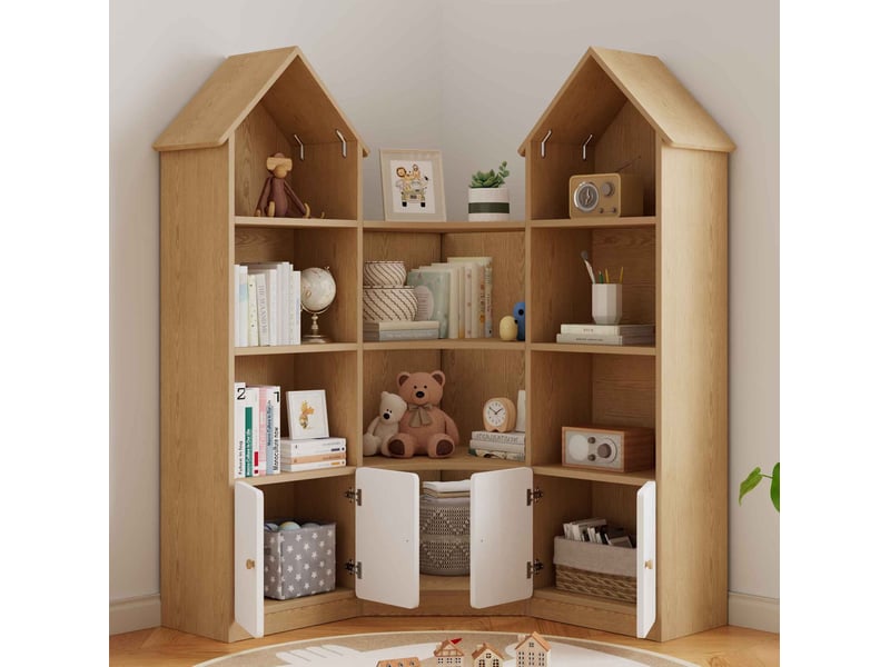  Armoire d'angle enfant 104x25x148 cm, forme maison, 4 niveaux, portes, panneauxde particules, blanc et naturel  - Conforama B