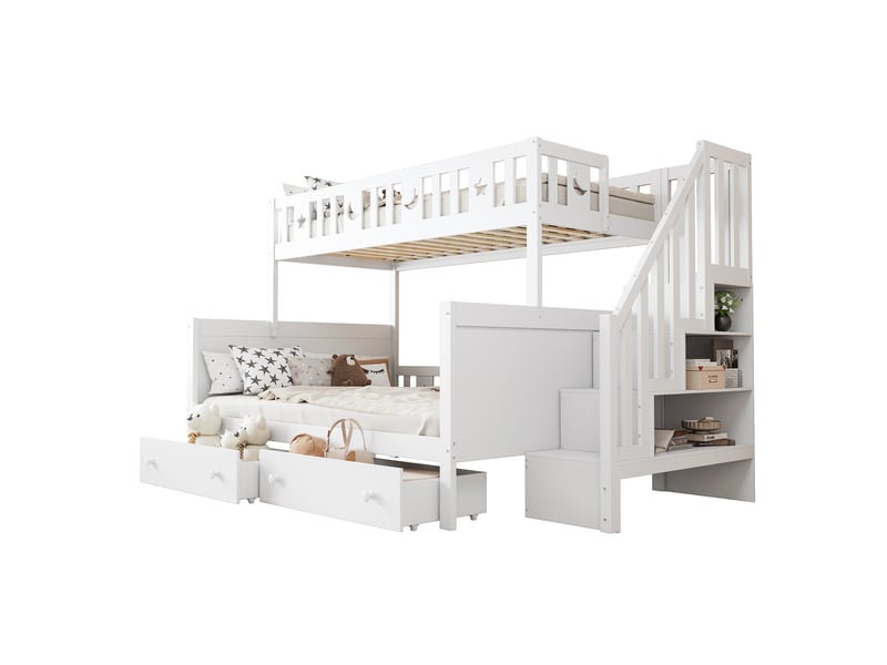  Modenvie lit superposé enfant 90x200140x200 cm - escalier avec rangement, sommier inclus - blanc  - Conforama A