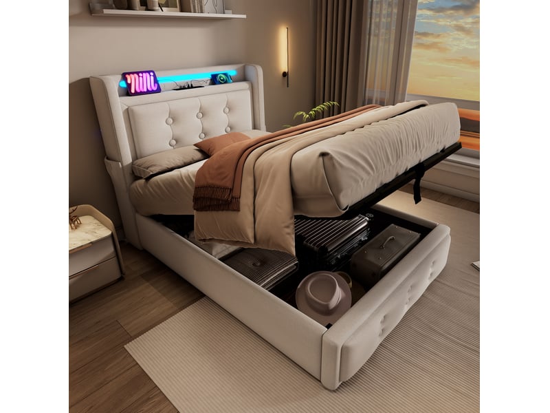  Modenvie lit coffre 90x200 cm - avec rangement intégré, led et ports usb-c, matelas inclus - beige  - Conforama E