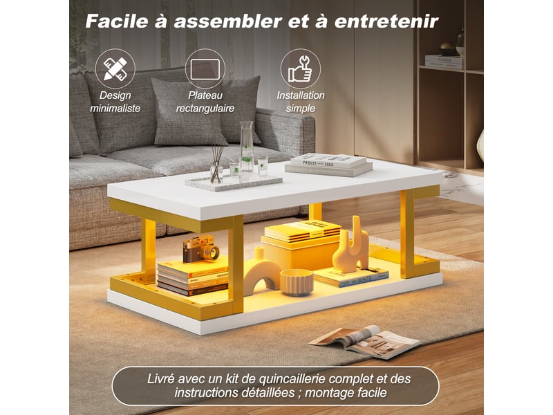  Table basse avec led rgb 100x50 cm, table de salon blanc et or en mdf et métal, 2 niveaux, charge 50 kg  - Conforama R