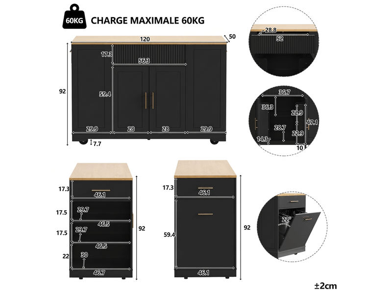  Îlot central cuisine sur roulettes 120 cm avec compartiment poubelle 3 tiroirs 2 portes noir et bois  - Conforama C