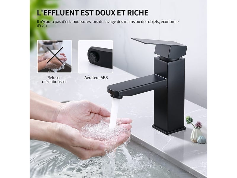  Robinet de salle de bains noir, mitigeur de lavabo en laiton, mitigeur de salle de bains avec tuyaux flexibles de 60 cm pour l'eau chaude et l'eau  - Conforama C