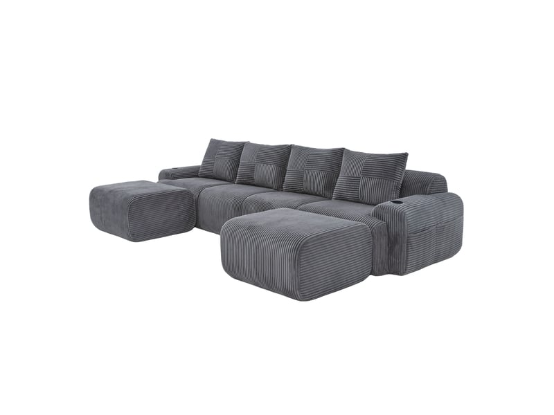 Canapé modulable 4 places en velours côtelé gris foncé, avec deux poufs, porte-gobelet et rangement, pour salon moderne - Conforama A