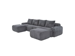 Canapé modulable 4 places en velours côtelé gris foncé, avec deux poufs, porte-gobelet et rangement, pour salon moderne