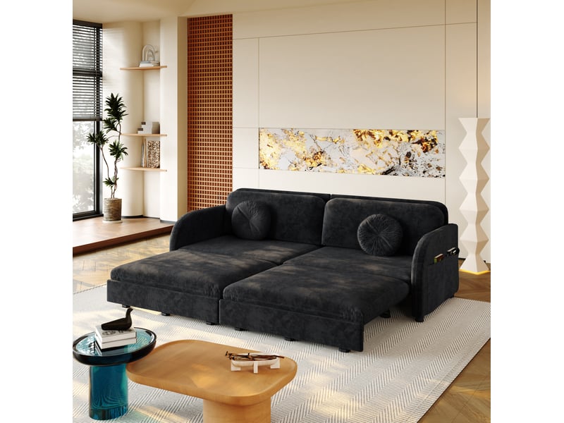  Canapé-lit 3 places 206 x 84 cm – noir – convertible 3-en-1, rangements latéraux et coussins  - Conforama C