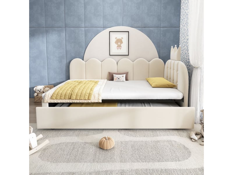  Lit gigogne enfant 90 x 200 cm lit d’appoint forme en l velours beige design couronne et grille gain de place  - Conforama B