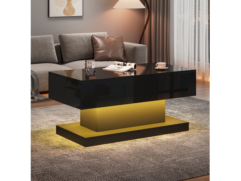  Table basse 100x50x45 cm rectangulaire, rangement caché, led, plateau relevable et coulissant, pour salon, pb, noir  - Conforama B