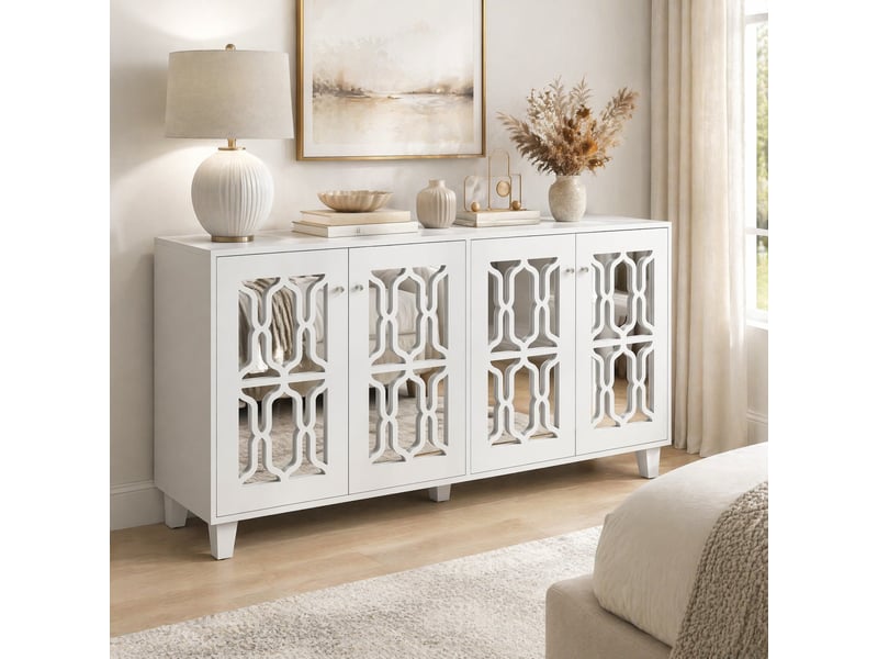  Buffet bas blanc avec finition miroir, 4 portes, poignées effet cristal et étagère intérieure mobile, 160 x 40 x 84 cm  - Conforama B