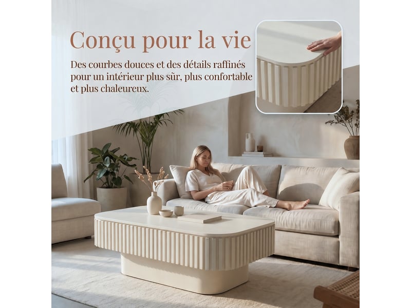  Table basse rectangulaire avec rangement caché muvano design cannelé vertical couleur crème 98 x 60 x 35 cm  - Conforama B