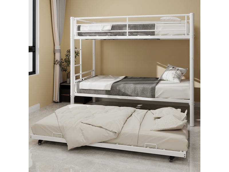  Lit superposé 3 places - 2x90x190cm + lit gigogne 90x180cm - métal blanc - sécurité renforcée  - Conforama W
