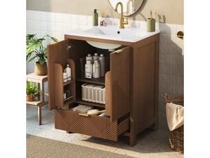 Meublede salle de bain 61 cm avec vasque céramique,61 x 47 x 87 cm,noyer,panneau mdf,porte double et tiroir à fermeture amortie