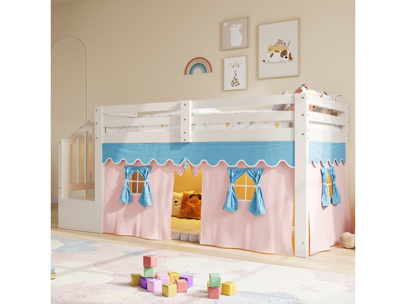 Lit mezzanine enfant 1 place 90×200 cm rideaux occultants et led réglable - sans matelas, pin mdf blanc - Conforama C
