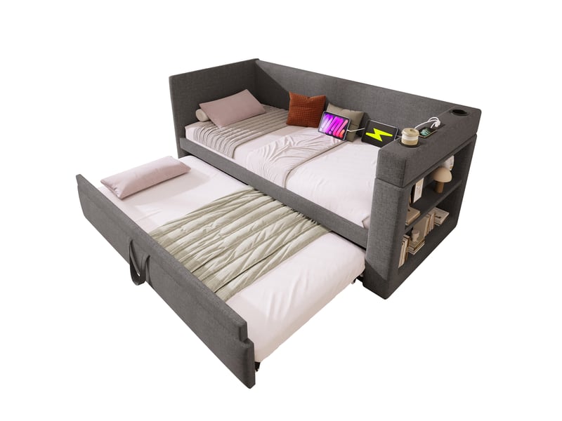  Banquette-lit gigogne, 90 x 190 cm, couchage gigogne, usb et porte gobelets, matelas non inclus, bois, coloris gris  - Conforama A