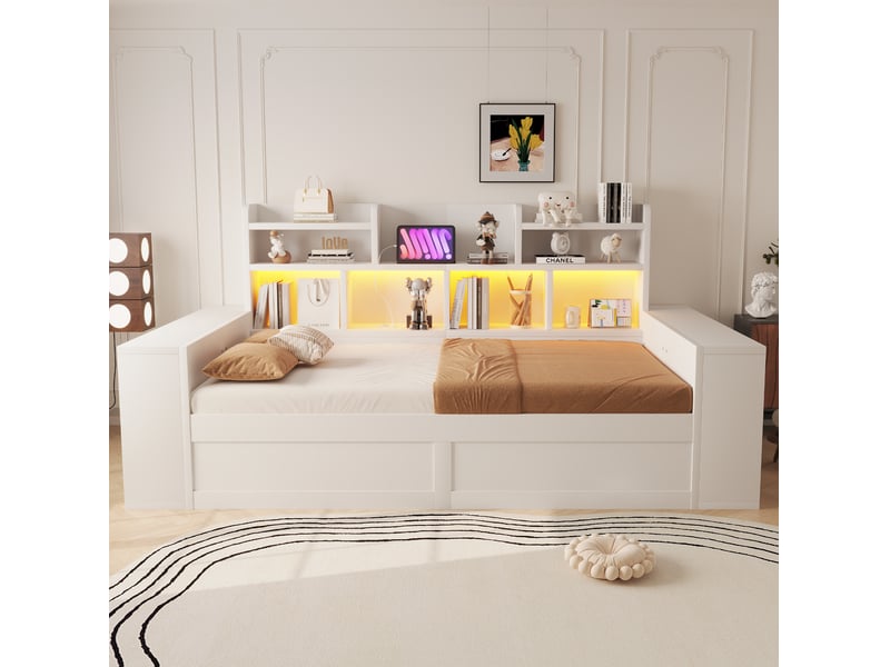 Lit banquette 90x200 cm – blanc – coffre hydraulique, led, prises et étagères intégrées – sans matelas - Conforama B