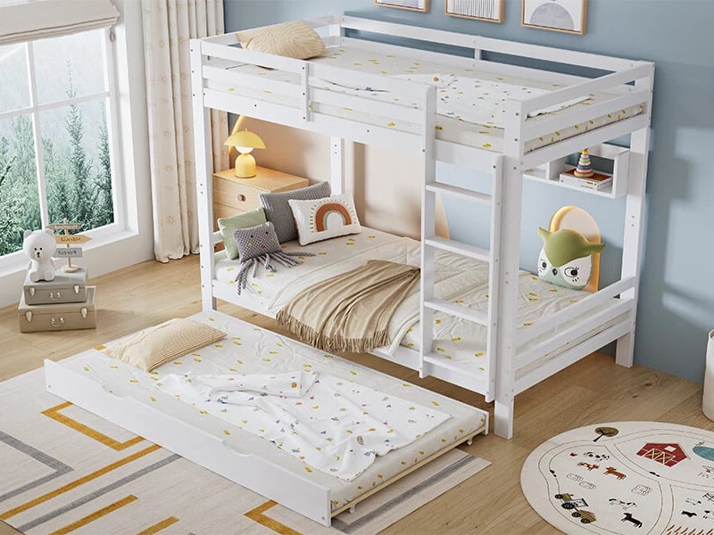  Lit superposé, 90 x 200 cm , avec étagères de 2 mètres de long, sommier robuste et échelle, pin + mdf + contreplaqué, blanc  - Conforama B