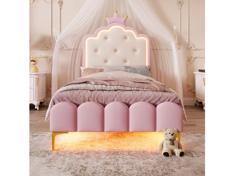  Lit enfant 90x200 cm avec sommier, éclairage led avec télécommande, rose  - Conforama E