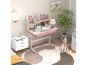 Bureau enfant, table d'étude réglable en hauteur avec rangement, plateau inclinable à 7 niveaux, tiroir, support à livre(rose)