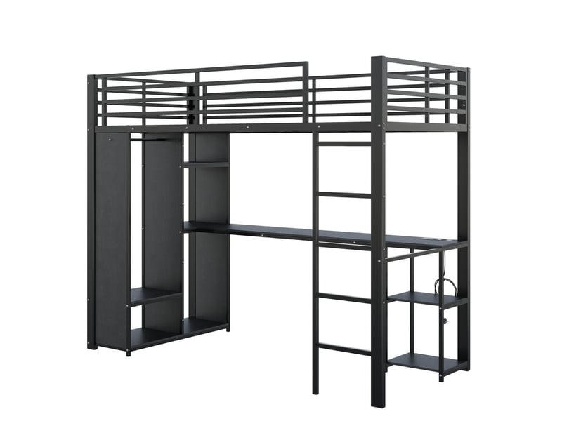  Lit enfant surélevé， 90x200 cm ，avec bureau led prises usb type c rangement ，mdf métal ，noir  - Conforama A