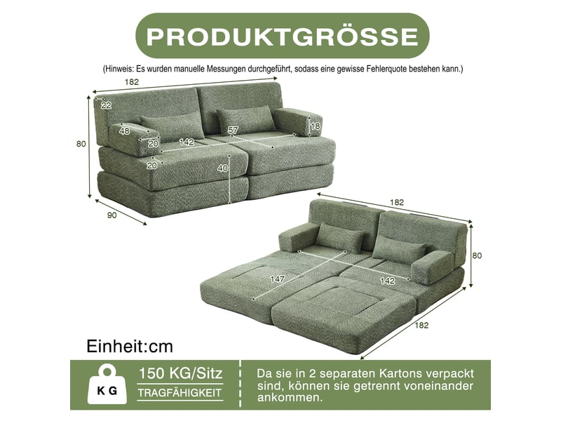  Canapé convertible 2-en-1 2 places 182 x 90 x 80 cm avec couchage pliant, dossier réglable et structure en fer, chenille, vert OMNIGLINT TRADING LTD - Conforama D