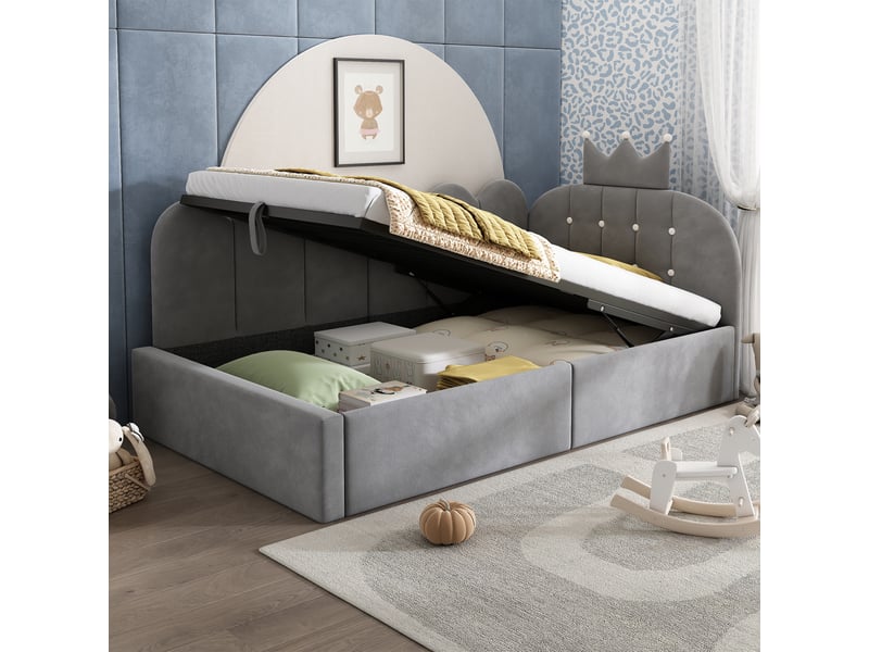 Canapé-lit rembourré 90 x 200 cm, avec espace de rangement, en l, orné d'un motif en treillis en forme de couronne, en velours, gris - Conforama D