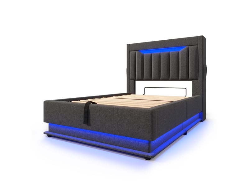  Lit coffre adulte 90x200 cm – gris – rangement hydraulique, led et connectique usb-c, avec matelas inclus  - Conforama D
