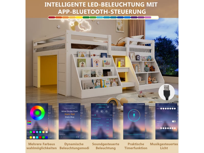  Lit mezzanine enfant 140x200cm en pin avec compartiments ouverts et led,lit superposé double avec échelle et barrières de sécurité,sans matelas-naturel  - Conforama D