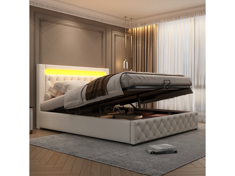  Lit double 140x200 cm avec sommier, lit 2 personnes, lit adulte avec éclairage led et tête de lit pu, blanc, cadre de lit adulte  - Conforama C