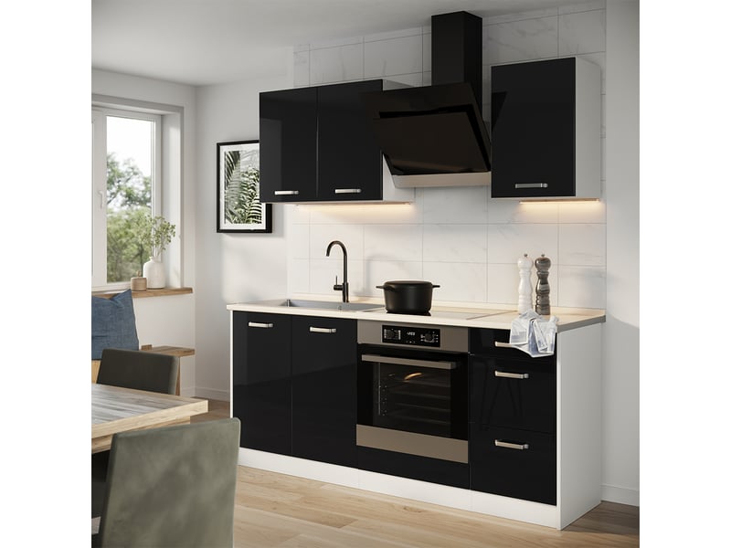  Vicco cuisine, noir haute brillanceblanc, 180cm plan de travail chêne doré  - Conforama C