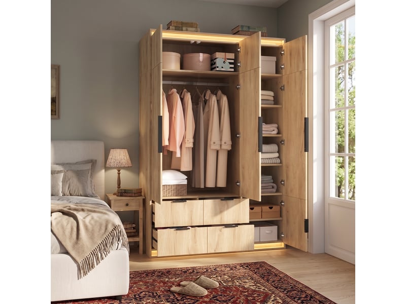  Armoire trois portes avec miroir et éclairage led 135 x 47 x 200 cm – 1 tringle, 4 tiroirs, 7 compartiments, mdf finition bois clair  - Conforama D