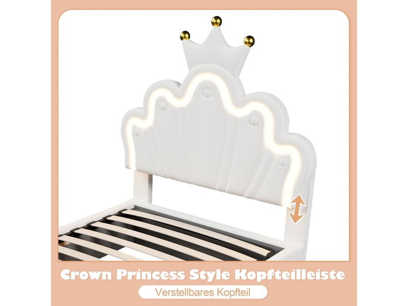  Lit coffre enfant 90x200cm pu blanc avec led sommier relevable - lit enfant fille - design couronne princesse tête de lit réglable  - Conforama D