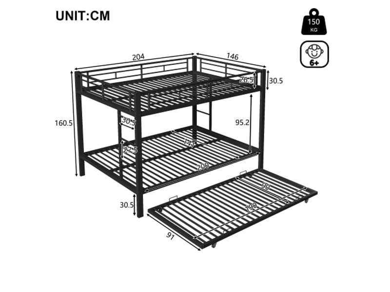  Lit superposé 140 x 200 cm, structure en fer, lit enfant, avec lit gigogne, barrières de sécurité hautes, matelas non inclus, noir  - Conforama C