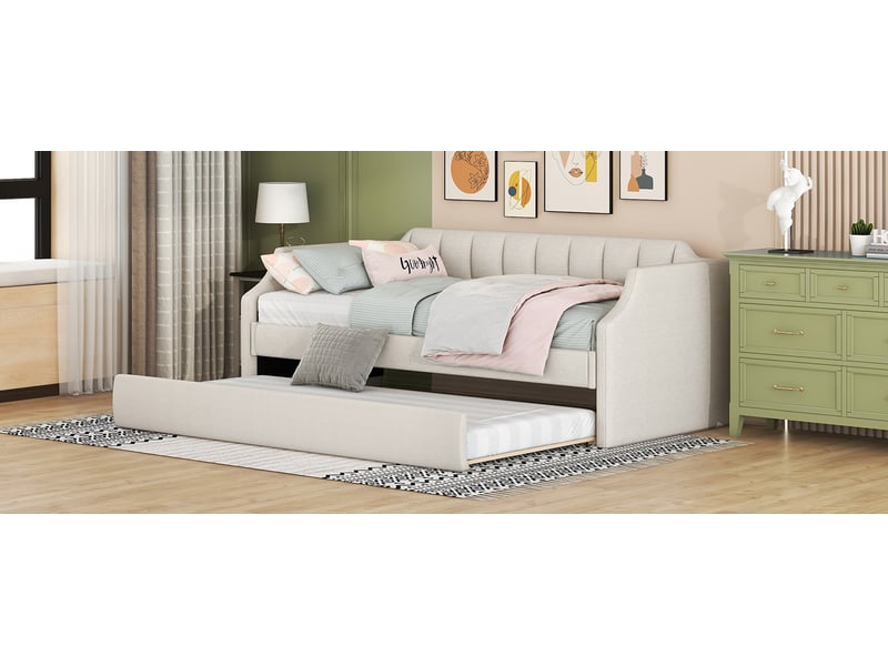 Lit banquette simple 90×200 cm avec lit gigogne 90×190 cm - sans matelas, lin coton beige - Conforama E