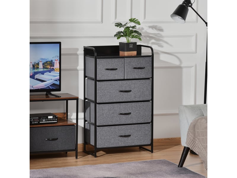  Commode meuble de rangement 5 tiroirs pliables en tissu 58 x 29 x 99 cm gris  - Conforama B