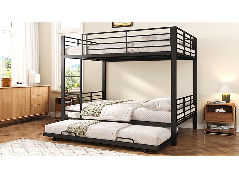  Lit superposé en métal 140x200 cm avec lit gigogne et échelle noir métal pour enfants et adolescents avec garde-corps de sécurité Sol Morn - Conforama E