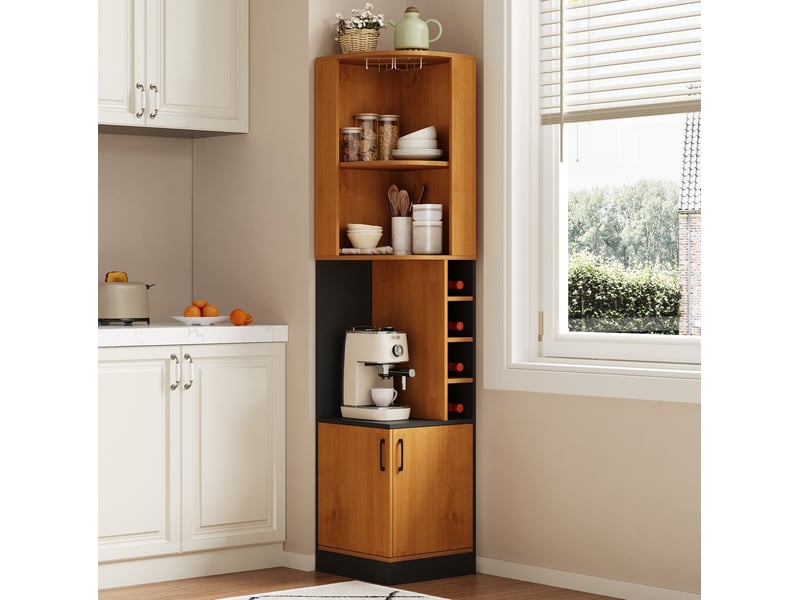  Meuble bar d’angle 40x40x182 cm avec porte-verres, coloris naturel  - Conforama B