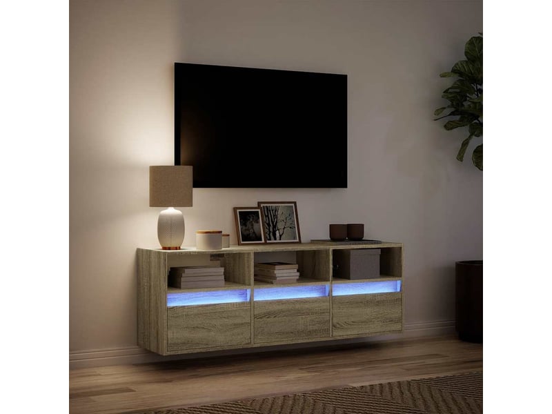 Meuble tv - banc tv - meuble de rangement mural avec lumières led chêne sonoma 130x31x45 cm - Conforama E