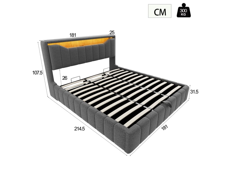 Lit coffre 180 × 200 cm en tissu effet lin gris, led, usb et usb-c IKSETERA TRADING LTD - Conforama C