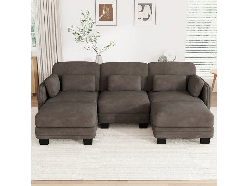  Canapé d'angle modulaire en u 3 places avec 2 ottomanes en chenille marron  - Conforama B