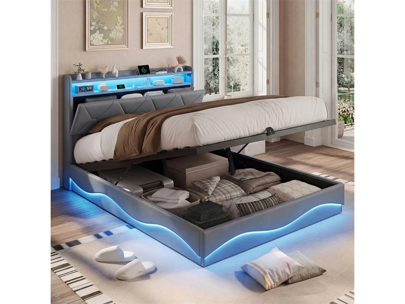  Lit 160x200cm - lit coffre 160x200cm - lit hydraulique avec tête de lit à rangement, led rgb, ports usb et type-c - gris  - Conforama D