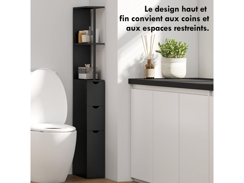 Meuble colonne salle de bain armoire de salle de bain avec tiroirs étagères ouvertes placard noir 15 x 33 x 136,8 cm - Conforama E
